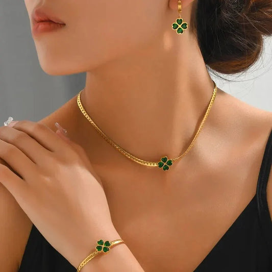 Emerald Four-Leaf Clover Jewelry Set: Necklace, Bracelet, and Earrings
