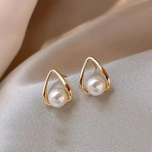 Elegant Pearl-Embellished Triangular Hollow Earrings