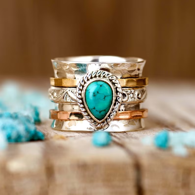 Vintage Gold and Silver Ring with Turquoise Inlay