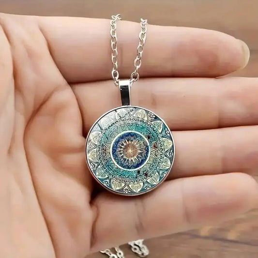 RETRO CIRCURAL BLUE MANDALA PENDANT NECKLACE