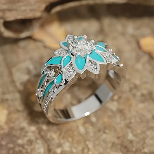 Chic Turquoise Floral Crystal Ring