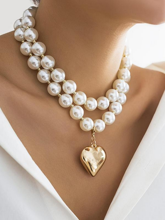 Set of 2 Chunky Pearl Heart Necklaces