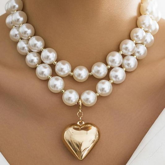 Set of 2 Chunky Pearl Heart Necklaces