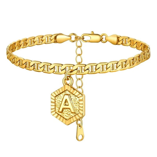 Hexagonal Initial Letter Cuban Chain Anklet