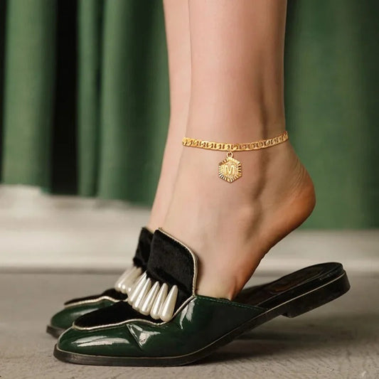 Hexagonal Initial Letter Cuban Chain Anklet