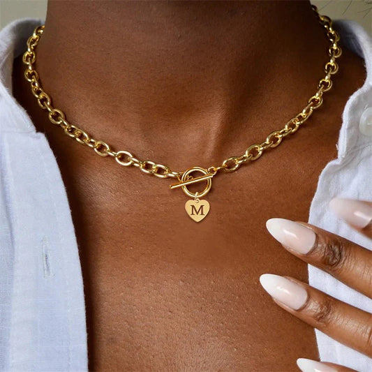 Initial Choker Necklace with Paperclip Heart Design