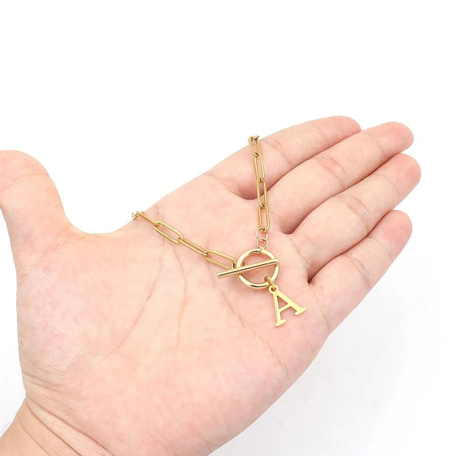 Circle Lock Clasp Necklace with Paperclip Letter Initial
