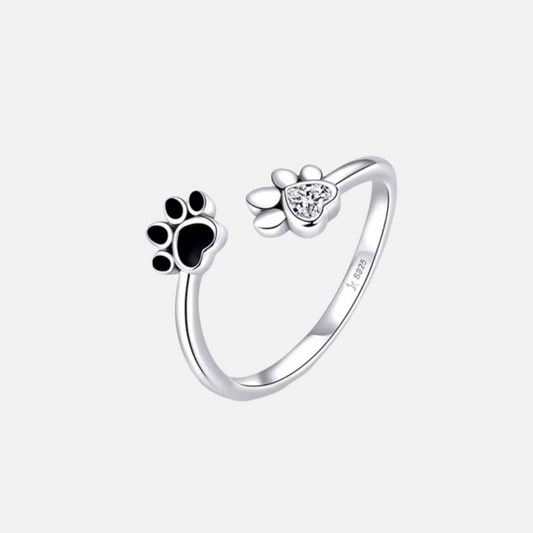Adjustable Silver Paw Ring with Zirconia and Enamel Accents
